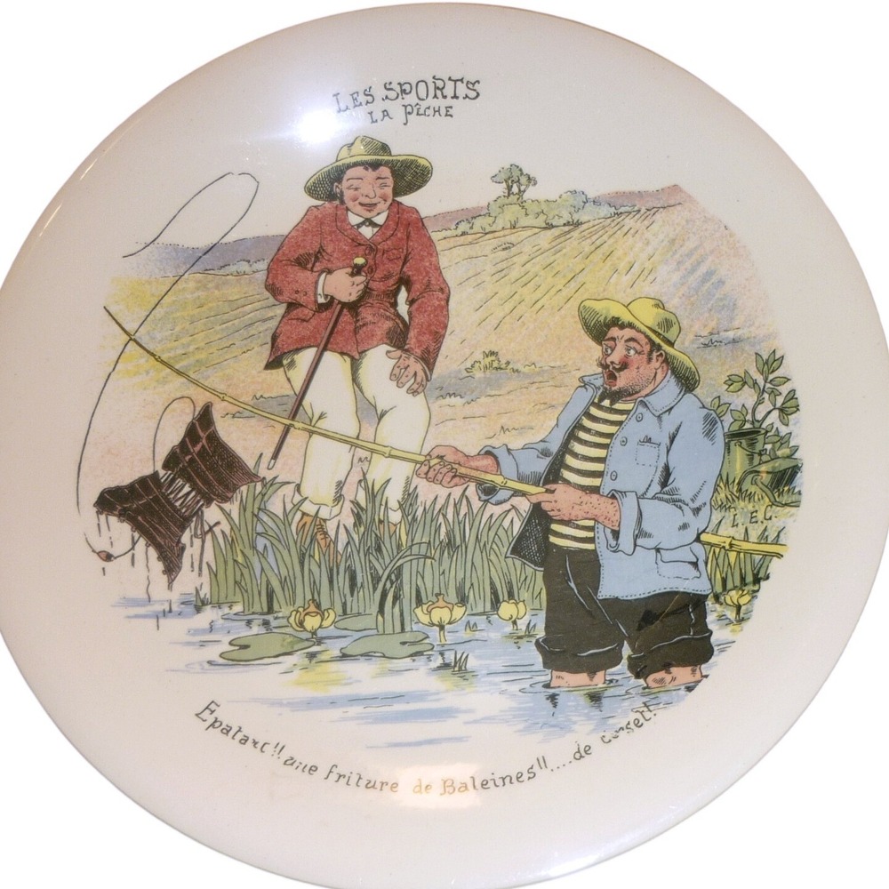 Antique Boch Freres Keramis Les Sports La Peche Satirical Fishing‎ Plate Belgium